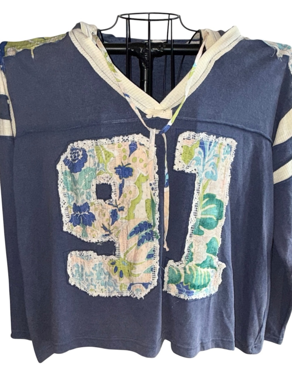 POL Navy Blue Hooded Sweatshirt with Floral Patch '91' Design